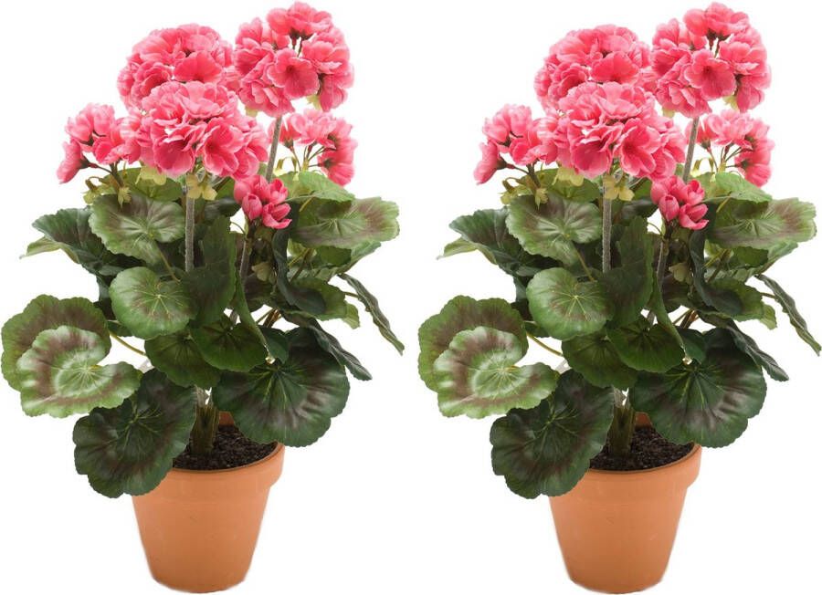 Shoppartners Set van 2x stuks kunstbloemen kunstplant roze Geranium 38 cm met 5 bloem series en groen in potje