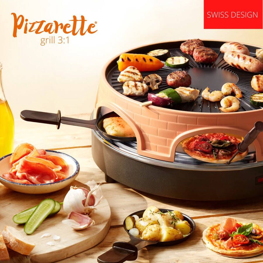 Emerio PO-113255.4 Pizzarette 3-IN-1 6 Persoons Pizzarette Zwitserse Raclette en Grill Geïsoleerde bak spatels 6 pannetjes