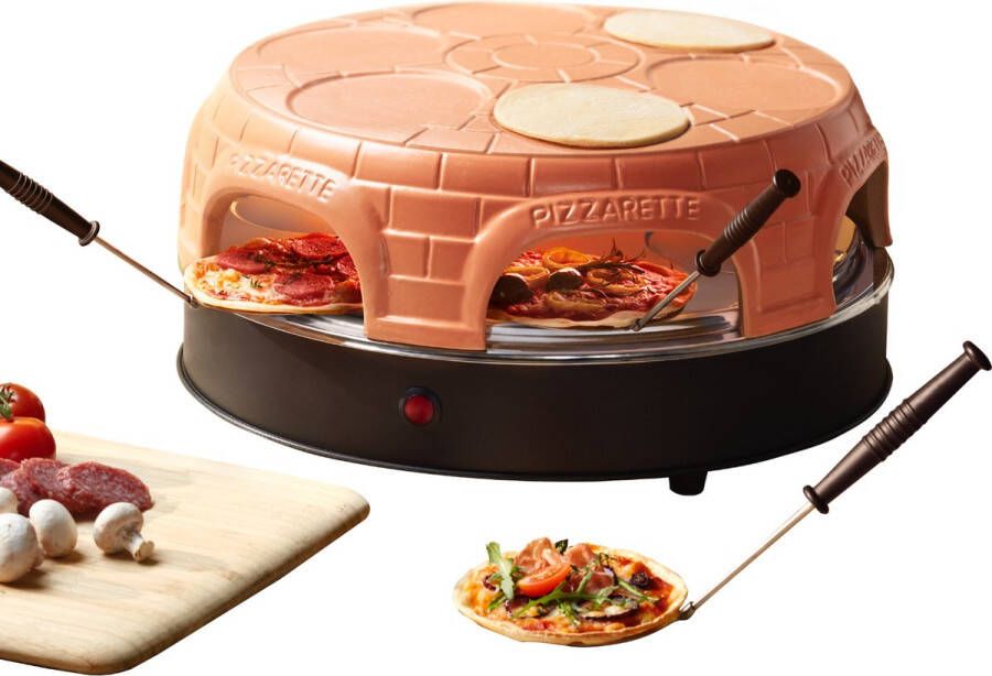 Emerio PO-115848.1 Pizzarette 6 Persoons Pre-bake functie Handgemaakte terracotta koepel 6 Geïsoleerde bak spatels RVS bakplaat