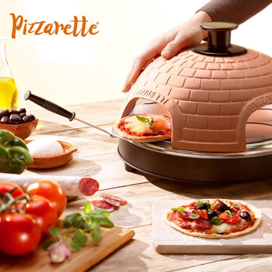 Emerio PO-115985 Pizzarette 4 persoons Handgemaakte terracotta koepel 4 Geïsoleerde bak spatels RVS bakplaat Cool touch