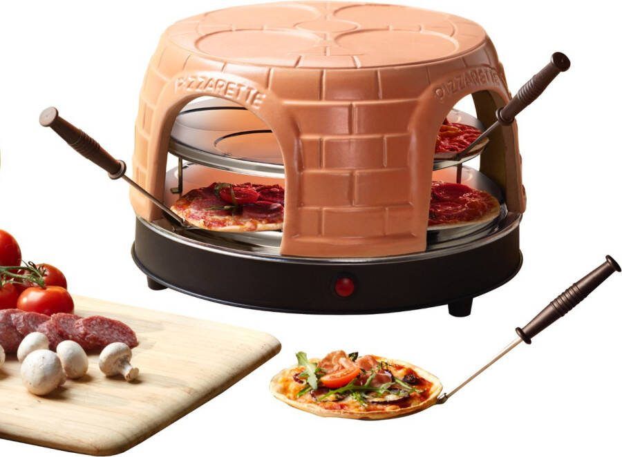 Emerio PO-116124.1 Pizzarette 8 Persoons Pre-bake functie Handgemaakte terracotta koepel 8 Geïsoleerde bak spatels RVS bakplaat Warmhoud functie