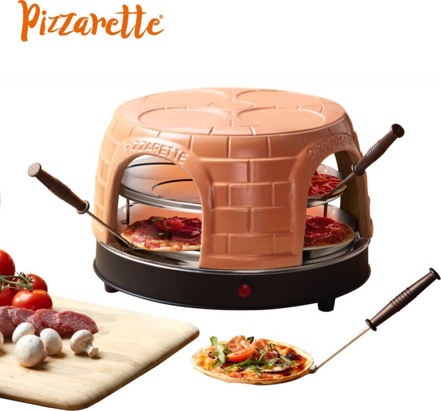 Emerio PO-116124.1 Pizzarette 8 Persoons Pre-bake functie Handgemaakte terracotta koepel 8 Geïsoleerde bak spatels RVS bakplaat Warmhoud functie