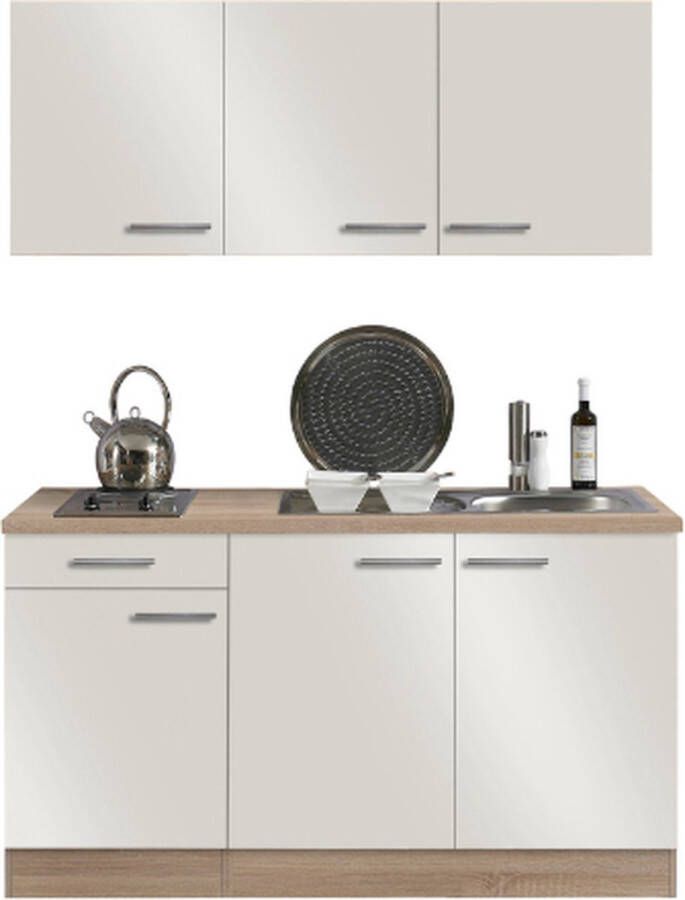 Emob Kitchenette Bistrot 150 cm met 2-pits kookplaat-glanzend wit lichte eik