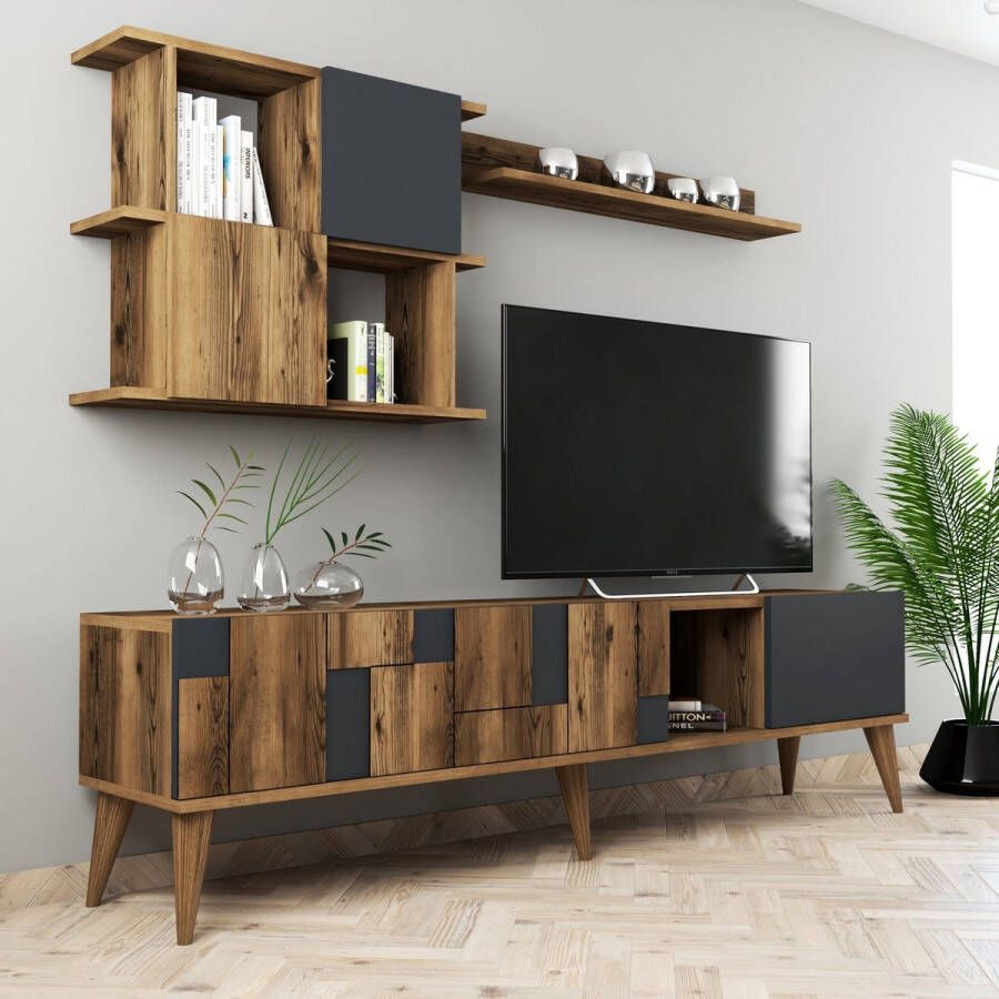 Emob TV Meubel Modern TV-meubel met Planken 100% Gemelamineerd Notelaar Antraciet 180cm Bruin; Antraciet