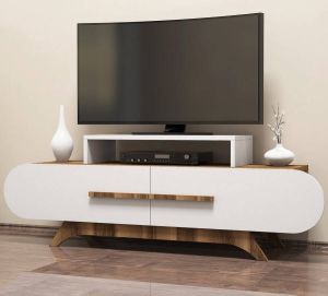 Emob TV Meubel Modern TV-meubel met veel ruimte en notenhout witte afwerking 37cm Wit; Bruin