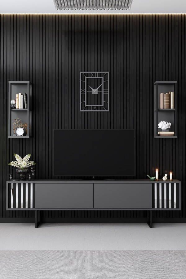 Emob Woody Fashion TV-meubel 100% Melamine coating Metalen poten Antraciet Zwart