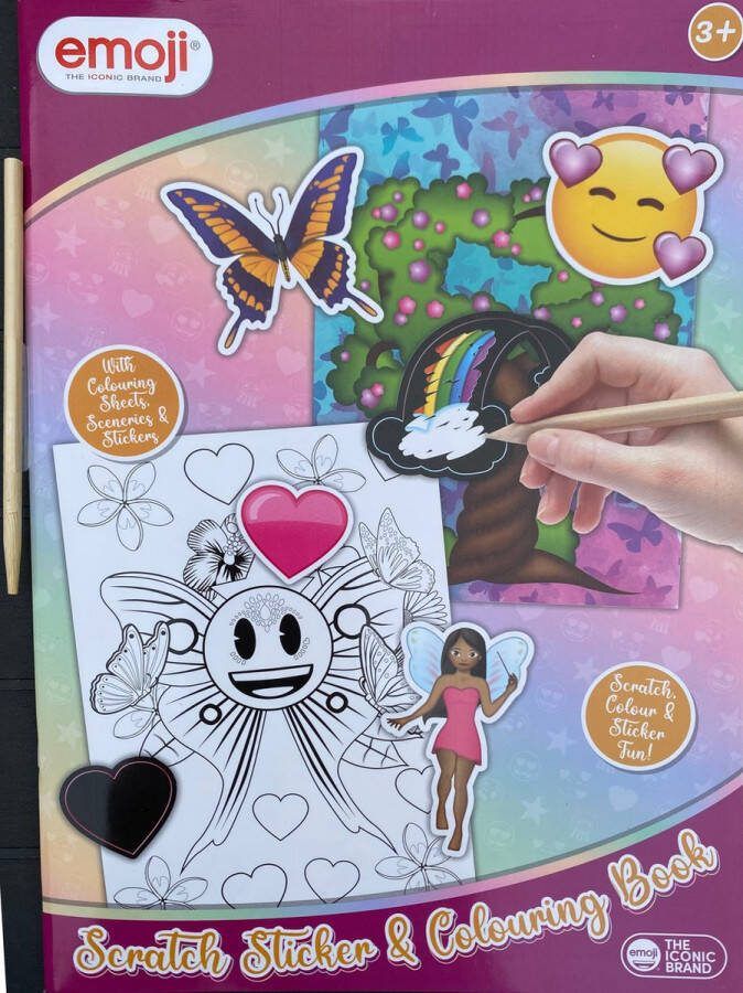Emoji Stickerboek Krasboek en Kleurboek Stickeren Krassen Kleuren Roze Paars Zowel voor jongens als meisjes 3+