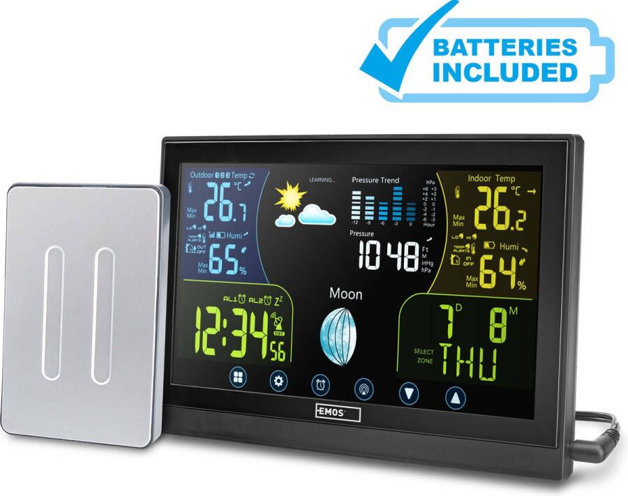 Emos Select Draadloos weerstation binnen en buiten Weerstation met buitensensor incl. Touchscreen kleurendisplay DCF-ontvangstsignaal klok binnen- en buitentemperatuur barometer weersvoorspelling Inc. Batterijen Emos