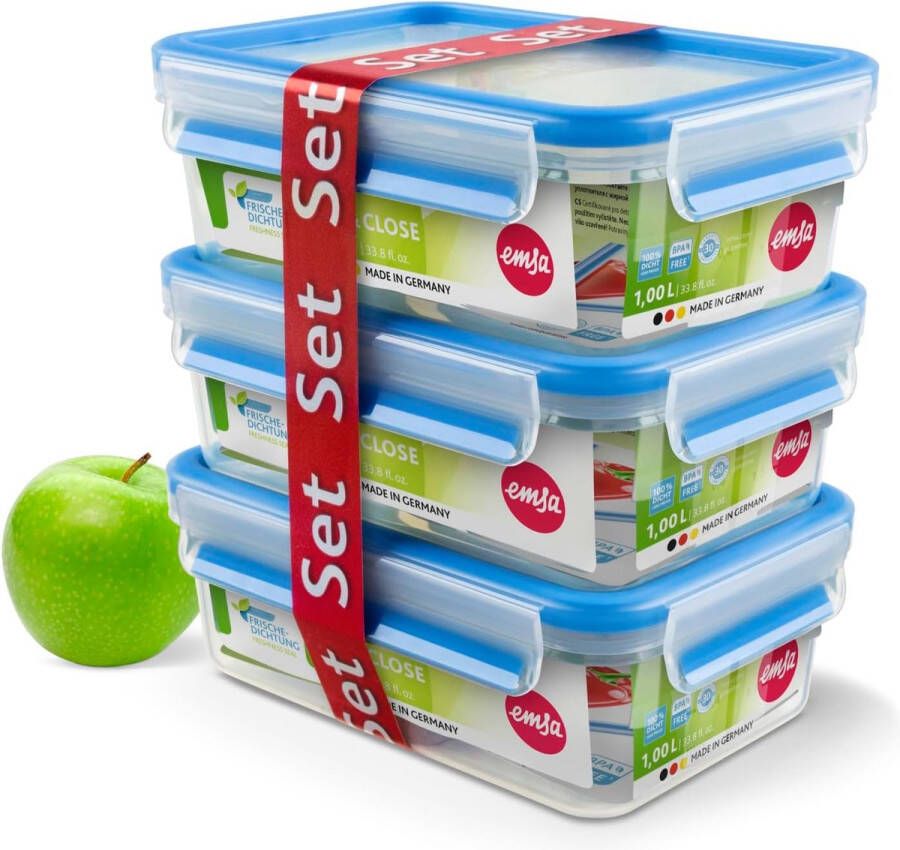 Emsa Food Clip & Close Vershoudbakjes 508558 3-Delig Plastic 1 L Transparant Blauw