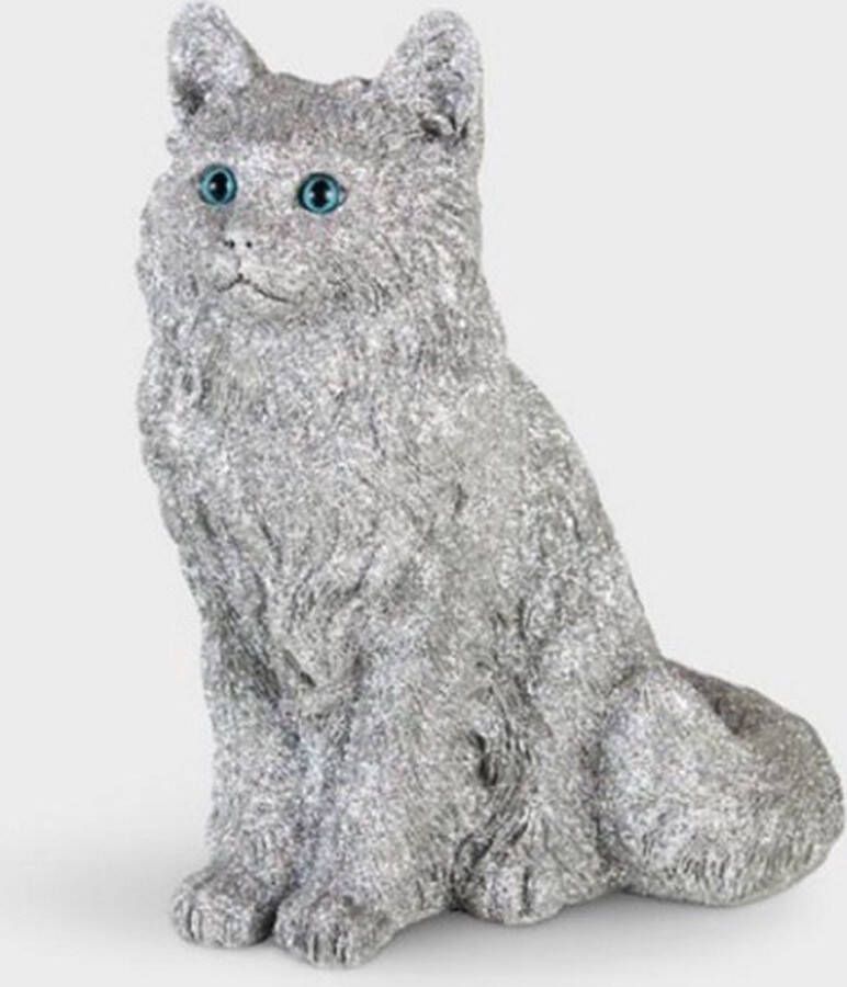 &Klevering Spaarpot Decoratie Glitter Cat Kat poes Zilvergrijs 24x18x27 cm Polyresin