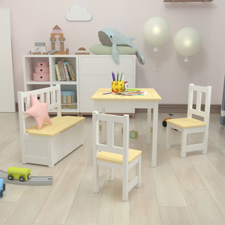 En.casa Kindertafel Lousame met 2 stoelen en 1 bank hout en wit