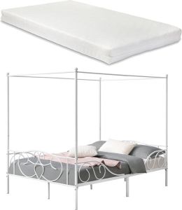 En.casa Metalen hemelbed Finstrom wit met matras 140x200 cm