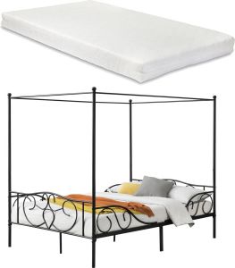 En.casa Metalen hemelbed Finstrom zwart met matras 140x200 cm