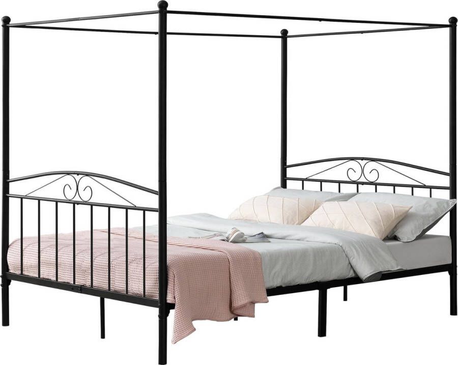 En.casa Metalen hemelbed Lahti zwart met bedbodem 180x200 cm