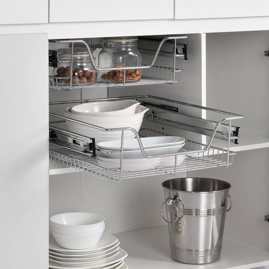 En.casa Uitschuifbaar keukenrek Schuiflade set 2 stuks Voor o.a. keukenkast Eenvoudige montage 50 cm breed Zilver