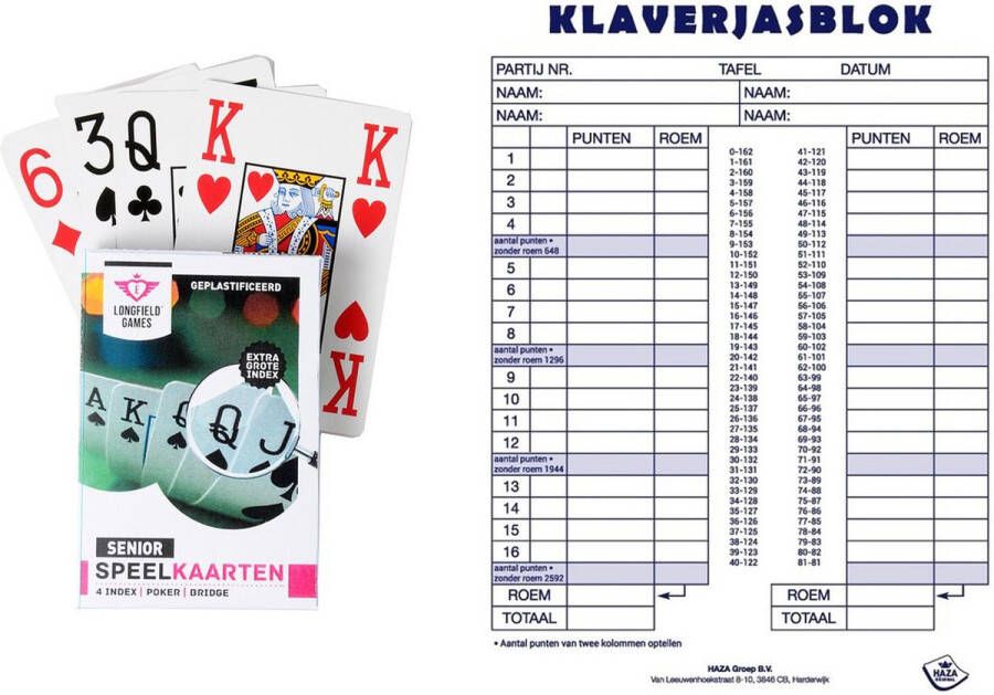 Engelhart Scoreblok Klaverjassen spel 50 vellen met 2 pakjes speelkaarten Kaartspel