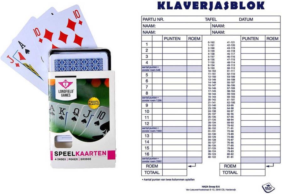 Engelhart Scoreblok Klaverjassen spel 50 vellen met 2 pakjes speelkaarten Kaartspel
