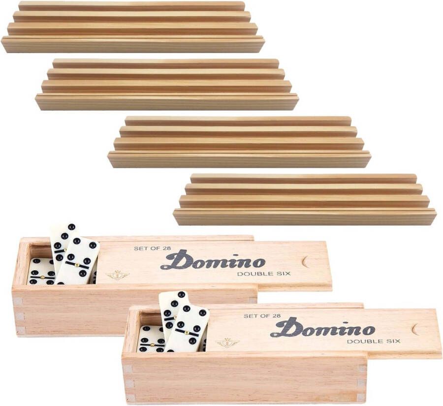 Engelhart 4x Dominostenenhouder met domino spel in houten doos 56x stenen Kaarthouders Standaarden