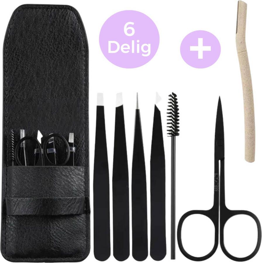 Enjoy Living ™ 6+1-Delig Professionele Wenkbrauw Pincet Epileer Set + Wenkbrauw Mesje Wenkbrauw borstel Epileren Incl. luxe lederen Opbergetui Epileren Tweezer Epileer pincet Juiste set voor perfecte wenkbrauwen!