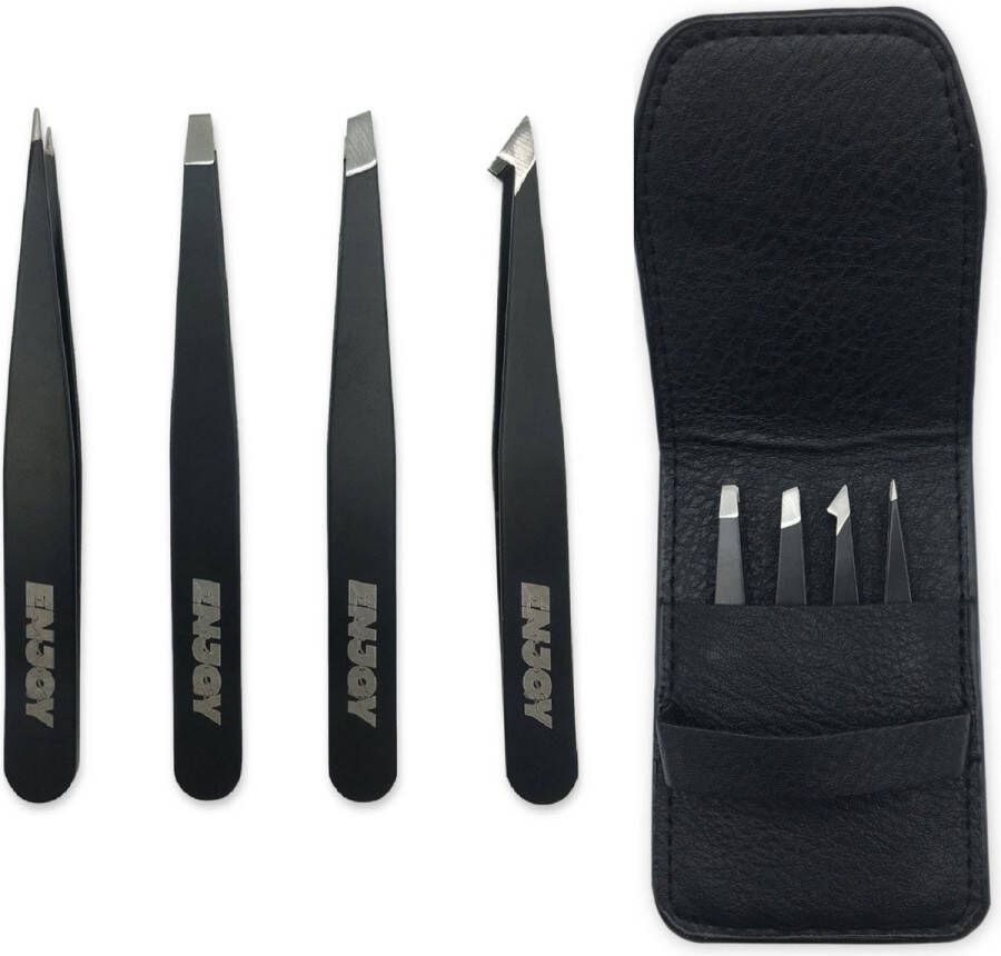 Enjoy Living Professionele 4-delige Tweezer Set voor Epileren Wenkbrauw Epileer Set RVS Pincet Incl. luxe lederen Opbergetui