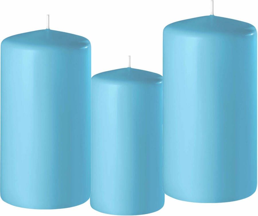 Enlightening Candles Set van 3x stuks turquoise blauwe stompkaarsen 10-12-15 cm met diameter 6 cm Sfeer kaarsen voor binnen