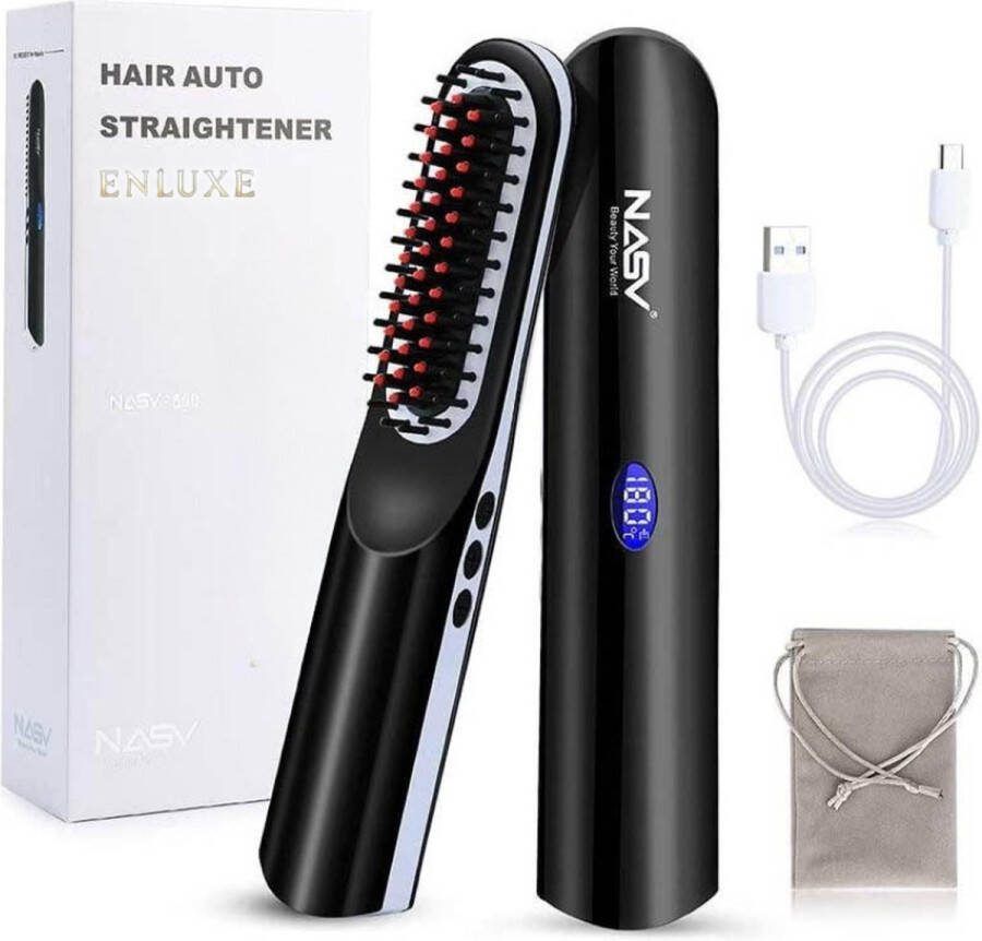 Enluxe NASV500 Professionele Draadloze Haarstijlborstel Zwart LCD Mini USB Haar- en Baardstijler met Snelle Verwarming en Digitale Temperatuurregeling
