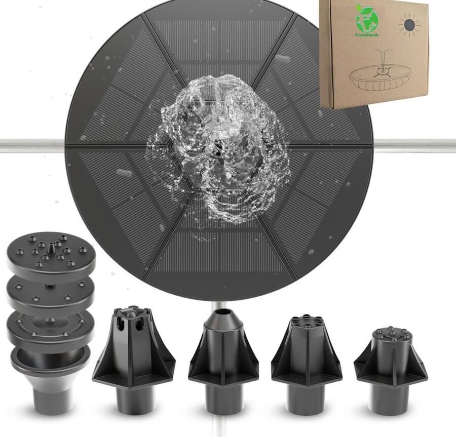 Envirofriendly automatische luxe Solar fontein met gekleurde LED lampjes + 7 gratis sproeikopjes Zonne energie Vijver – vogelbad