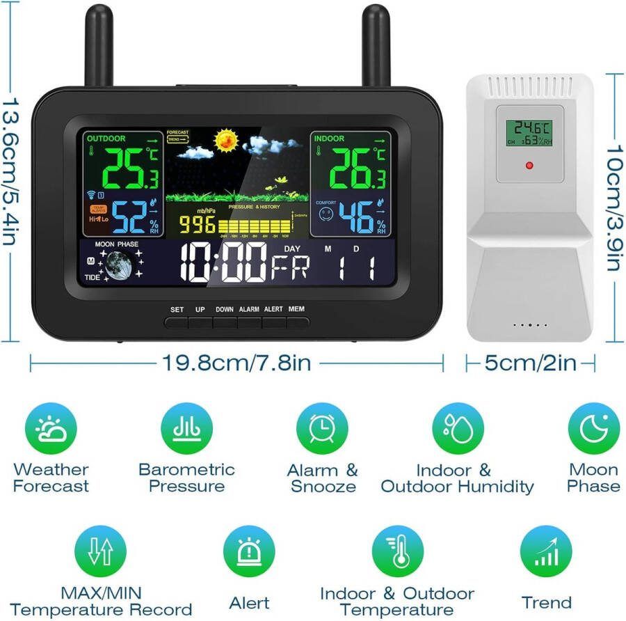 Equivera Weerstation Binnen en Buiten Weerstation voor in Huis Temperatuur en Luchtvochtigheid Draadloos