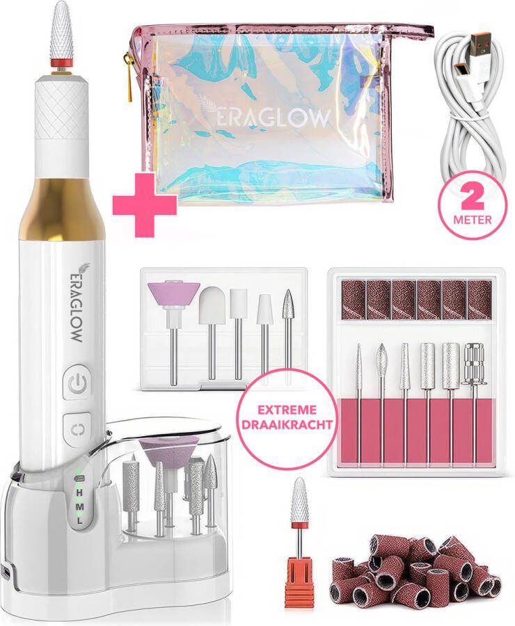 Eraglow Elektrische nagelvijl – Draadloze nagelfrees – Manicure & Pedicureapparaat- Manicure set Elektrische nagelfrees – Professionele nagelverzorging – 12 bitjes bitje voor verwijderen van acryl- en gelnagels – Inclusief Luxe reisetui