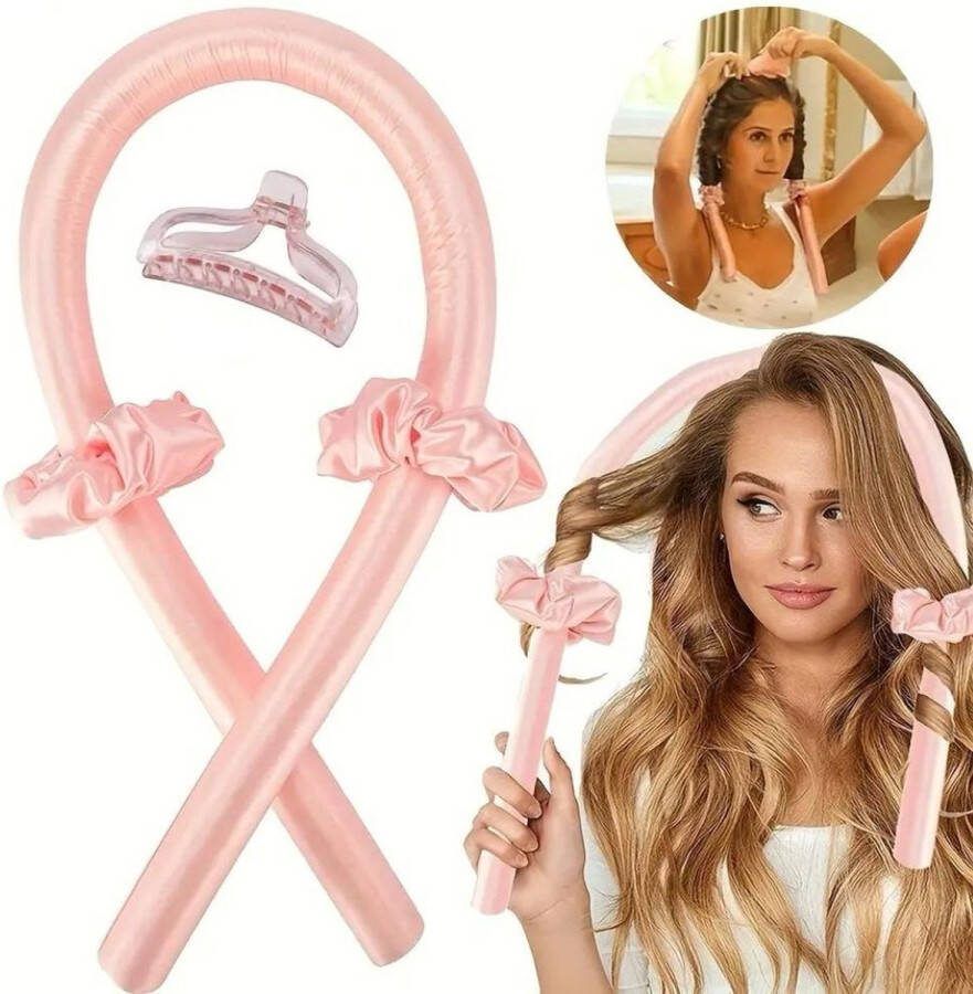 Esem Hitteloze Krultang Set heatless hair curls- incl. Haarelastiekjes en Haarklem- haarrollers- krullen zonder hitte-persoonlijke verzorging- heatless curls met scrunchies en haarclip-roze 12 95