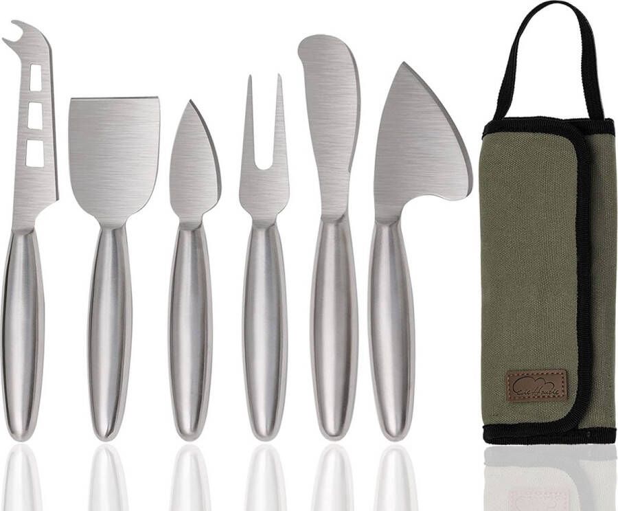 Esie Houzie 6-delige kaasmessenset voor Charcuterie Board roestvrij staal kaasmessen accessoires voor harde middelgrote zachte kaas professionele metalen kaasmessengereedschappen met tas cadeauset (groen)