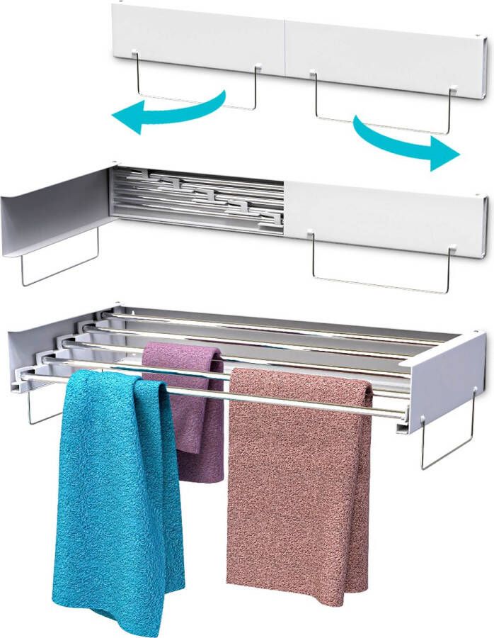 Esouh Wanddroogrek Met Handoek Haakjes Incl. 20 Wasknijpers 4 5M Drooglengte Droogrek Inklapbaar Wasrek Hangend Droogrekken Uitklapbaar Voor Balkon en Muur Ophangbaar Wit
