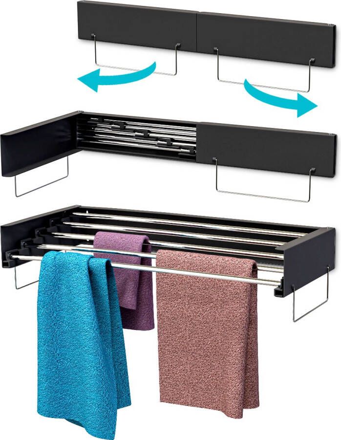 Esouh Wanddroogrek Met Handoek Haakjes Incl. 20 Wasknijpers 4 5M Drooglengte Droogrek Inklapbaar Wasrek Hangend Droogrekken Uitklapbaar Voor Balkon en Muur Ophangbaar Zwart