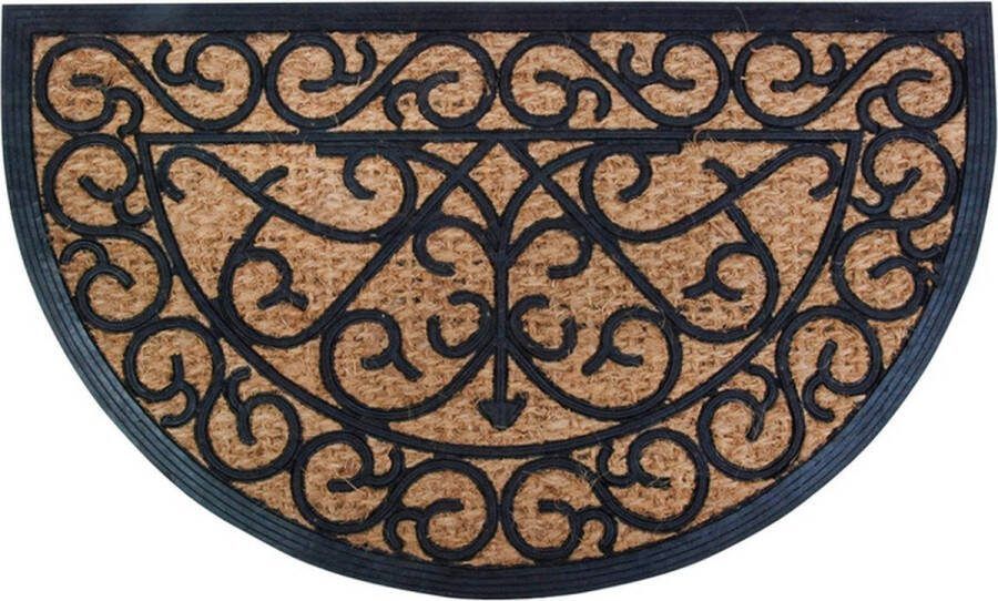 Esschert Design 2x Rubberen kokos schoonloopmatten halfrond zwart klassieke print 75 x 45 cm Deurmatten schoonloopmatten
