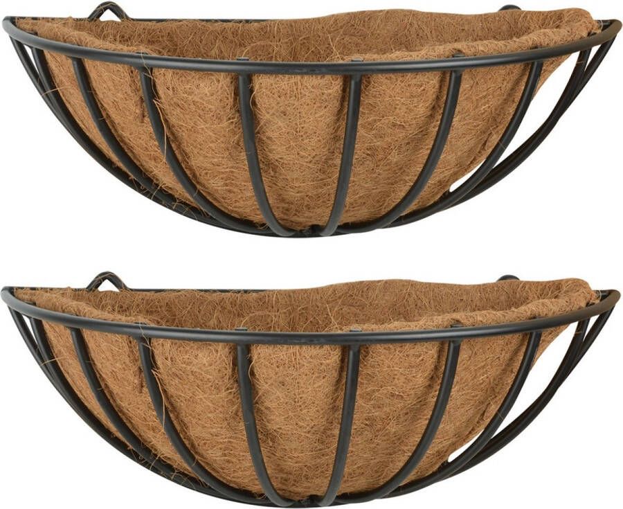 Esschert Design 2x stuks metalen hangende basket ruif voor aan de wand muur 50 x 19 cm inclusief kokosinlegvel bloembakken