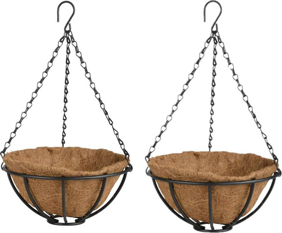 Esschert Design 2x Stuks Metalen Hanging Baskets Plantenbakken Met Ketting 25 Cm Inclusief Kokosinlegvel Plantenbakken