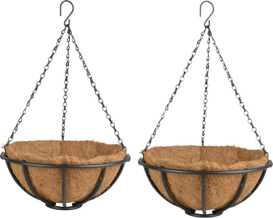 Esschert Design 2x Stuks Metalen Hanging Baskets Plantenbakken Met Ketting 30 Cm Inclusief Kokosinlegvel Plantenbakken