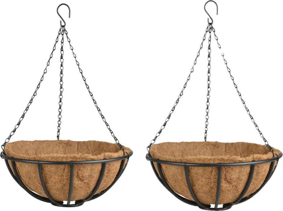 Esschert Design 2x Stuks Metalen Hanging Baskets Plantenbakken Met Ketting 35 Cm Inclusief Kokosinlegvel Plantenbakken