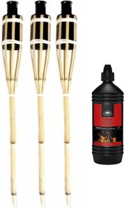 Esschert Design 3x Stuks Bamboe Tuinfakkels Met Oliehouder Van 60 Cm Inclusief 1 Liter Lampenolie fakkelolie Fakkels