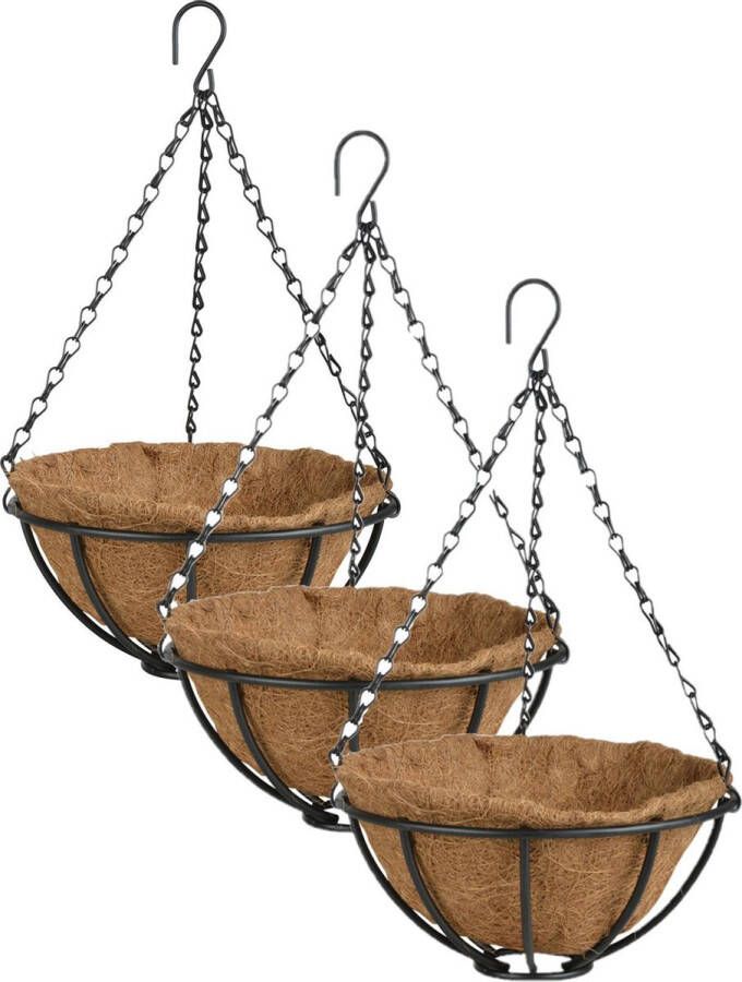 Esschert Design 3x stuks metalen hanging baskets plantenbakken met ketting 25 cm inclusief kokosinlegvel