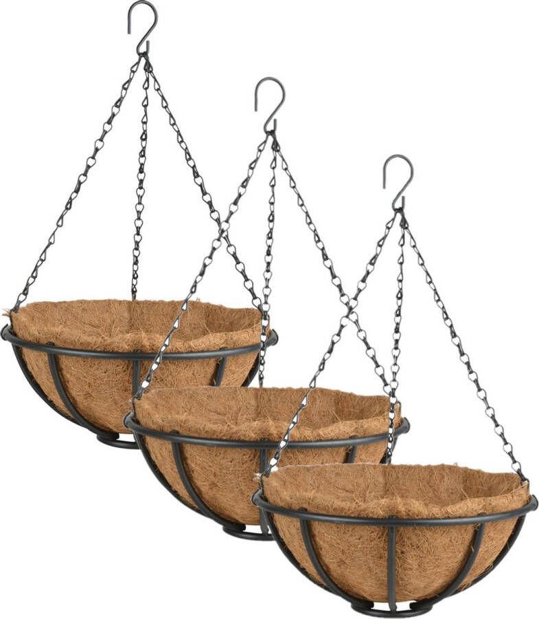 Esschert Design 3x stuks metalen hanging baskets plantenbakken met ketting 30 cm inclusief kokosinlegvel