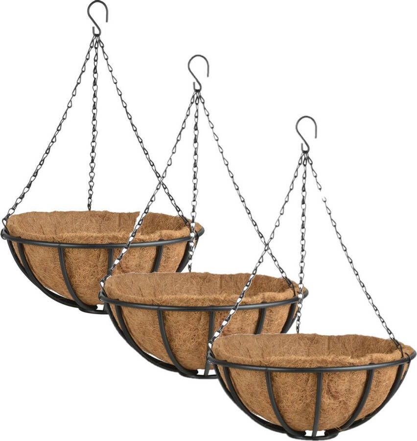 Esschert Design 3x stuks metalen hanging baskets plantenbakken met ketting 35 cm inclusief kokosinlegvel