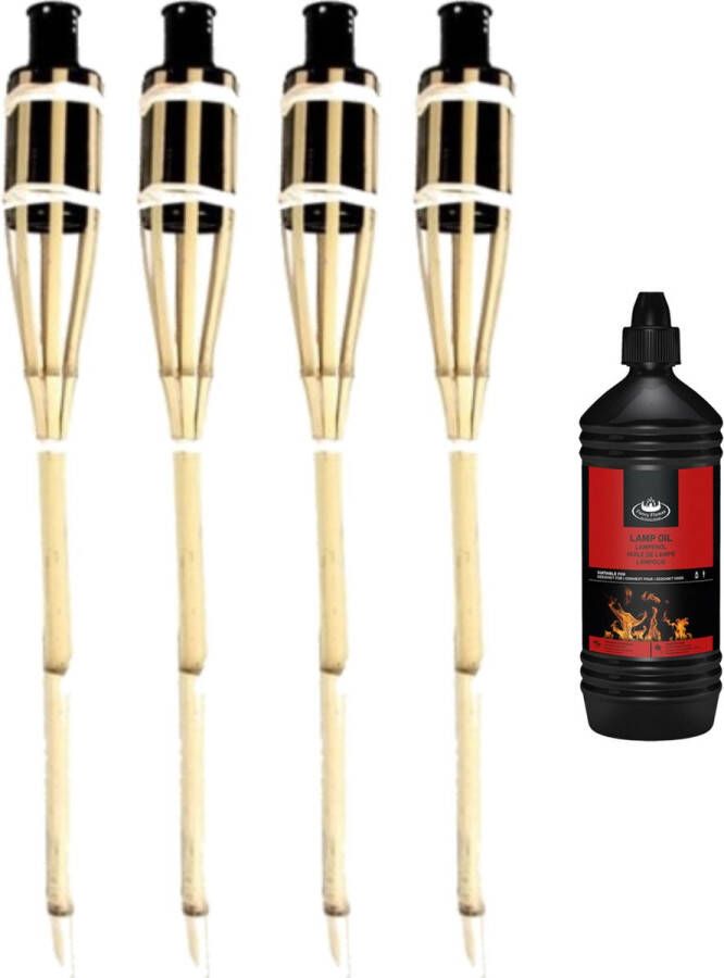 Esschert Design 4x Stuks Bamboe Fakkels Safe 60 Cm Inclusief 1 Liter Lampenolie fakkelolie Fakkels