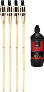 Esschert Design 4x Stuks Bamboe Tuinfakkels 90 Cm Inclusief 1 Liter Lampenolie fakkelolie Fakkels