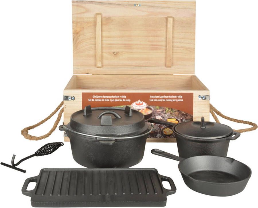 Esschert Design Gietijzeren Kampvuurkookset 7-delig met Dutch Oven Gietijzer Buiten Koken Kampvuur Kook Set