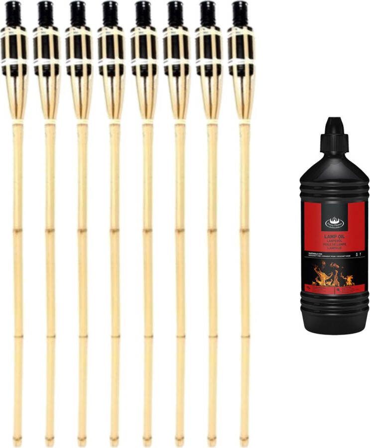 Esschert Design 8x stuks Bamboe tuinfakkels 90 cm Inclusief 1 liter lampenolie fakkelolie
