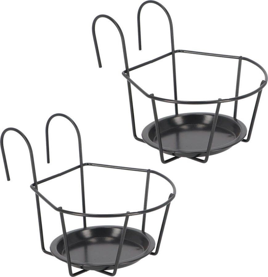Esschert Design Balkon bloempothouder 2x bloembak met ophanging zwart metaal rond balkonbak