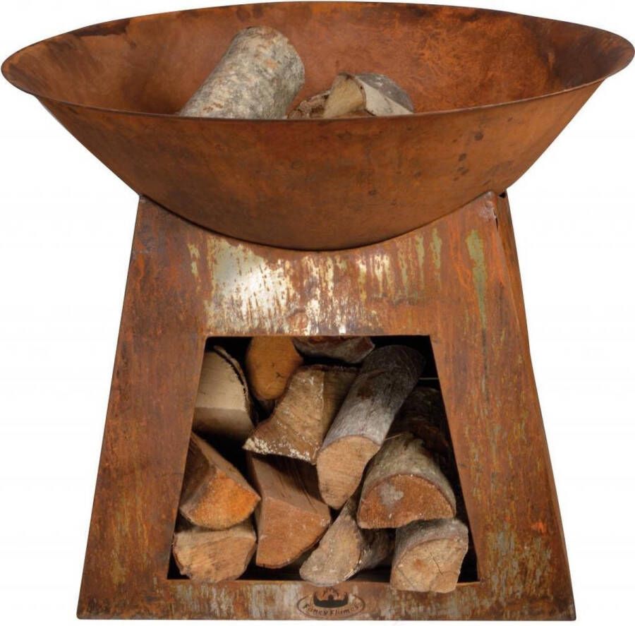 Esschert Design Esschert Vuurschaal met Houtopslag L 75 x B 75 x H 60 cm Plaatstaal (Roest)bruin- Vuurkorf Vuurschaal BBQ Vuurschaal voor buiten Terraskachel Tuinkachel