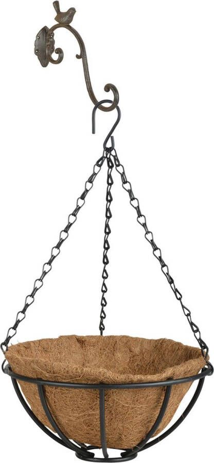 Esschert Design Hanging basket 25 cm met ijzeren muurhaak en kokos inlegvel Complete hangmand set van gietijzer