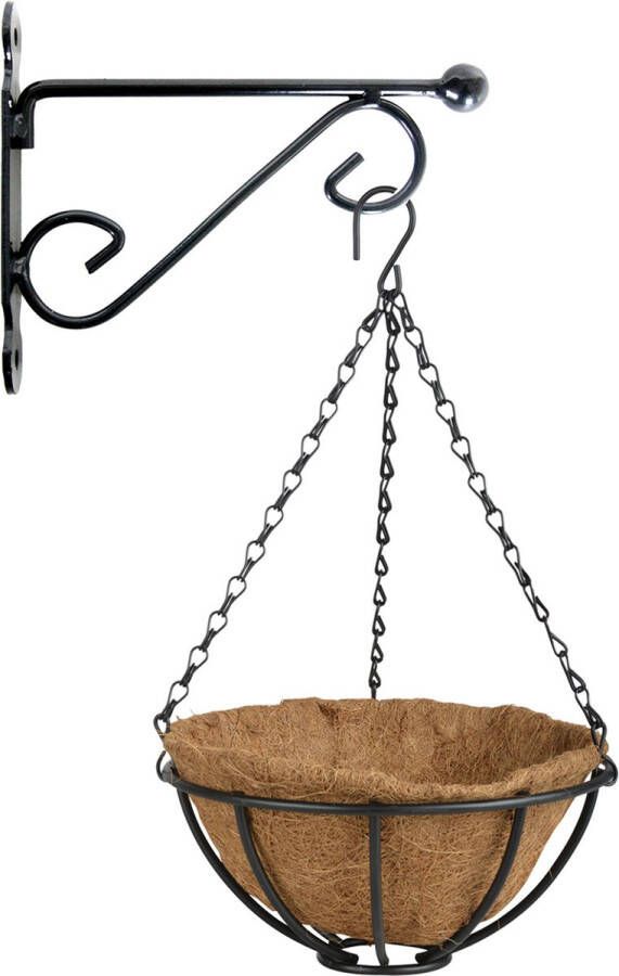 Esschert Design Hanging basket 25 cm met metalen muurhaak en kokos inlegvel Complete hangmand set van gietijzer